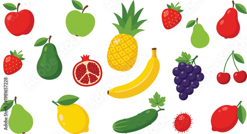 Colorful Fruit Illustration Set Featuring Apples, Bananas, Grapes, Pomegranates, Pineapples, Pears, Lemons, and Berries for Healthy Food and Diet Themes