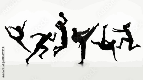 Dynamic Silhouettes of Athletes Engaging in Gymnastics, Running, Basketball, Karate, and Soccer Actions on Isolated White Background