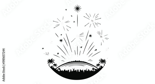 Fireworks exploding over a tropical island celebrate a vibrant beach party with palm trees and a festive atmosphere, capturing the joy of summer holidays and nighttime coastal celebrations.