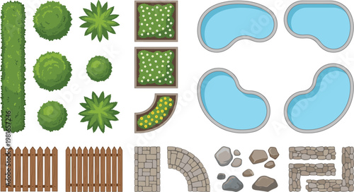Garden Landscaping Vector Set Featuring Bushes, Flower Beds, Pools, Stones, Fences, and Pathways for Outdoor Design and Architecture Projects