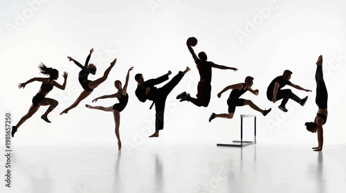 Energetic Silhouettes of Diverse Athletes Engaged in Sports and Gymnastics Activities on Isolated White Background