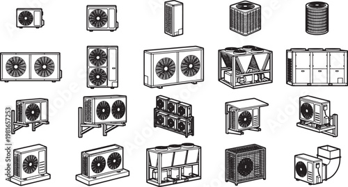 A diverse range of air conditioning units showcased, illustrating the variations in design and function. 