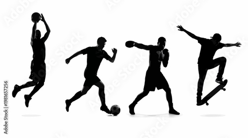 Dynamic Male Athletes Silhouettes in Action, Energetic Figures Playing Basketball, Soccer, Boxing, and Skateboarding on Isolated White Background.