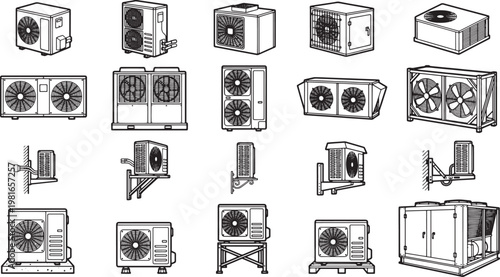 A diverse arrangement of air conditioning units presented in a series of black and white line art.
