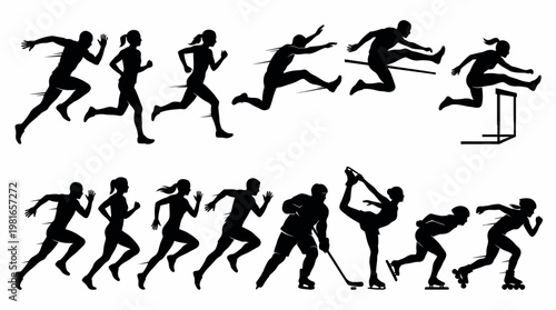 Dynamic Group of Athletes Silhouettes Including Running, Hurdling, Hockey, and Rollerblading, Diverse Sport Figures in Action on Isolated White Background.