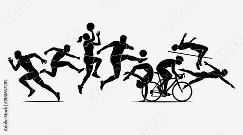 Dynamic Athleticism Silhouette: A stylized, dynamic depiction of various sports, capturing the essence of human movement and dedication. 