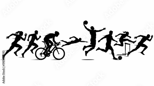 Silhouette of Athletic Excellence: Capturing the essence of diverse sports, this image showcases a range of dynamic athletic silhouettes in action. From track to water.