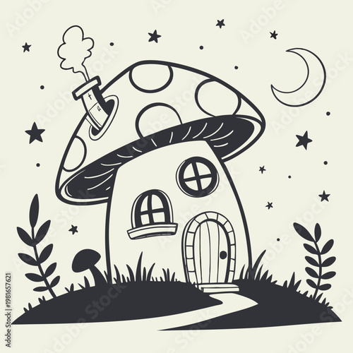silhouette of a giant mushroom house with a little (2)(1)