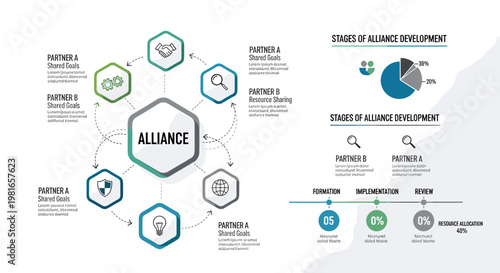 A comprehensive infographic illustrating the stages of alliance development, partnership dynamics, and key elements of business collaboration with hexagonal diagrams and timeline.