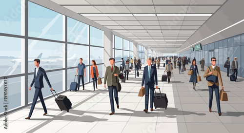 Busy airport terminal walkway with travelers and airplanes visible through windows