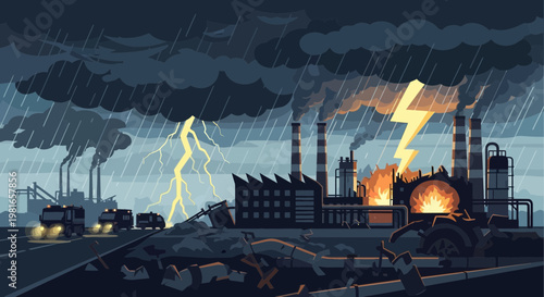 Industrial disaster: factory fire during thunderstorm with emergency response