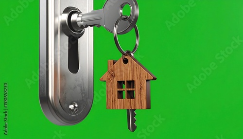 A shiny door handle with a house key and wooden keychain