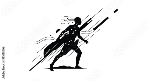 Runner silhouette is captured in a dynamic pose with streaming lines that suggest rapid motion, symbolizing human progress, athletic speed, and the relentless advancement of modern technology.