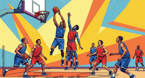 Dynamic Basketball Game Illustration - Players in Action Near the Hoop.