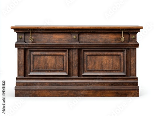 Dark stained wooden antique counter with decorative hooks on a transparent background