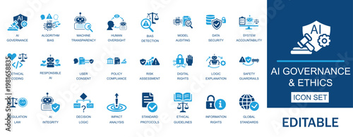 AI governance and ethics icons set. Includes responsible AI, data security and transparency elements. Perfect for tech lawyers, researchers and policy makers.