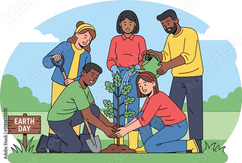 Diverse group of five people planting a young tree outdoors, celebrating Earth Day with shovels and a watering can, demonstrating environmental care and community effort.