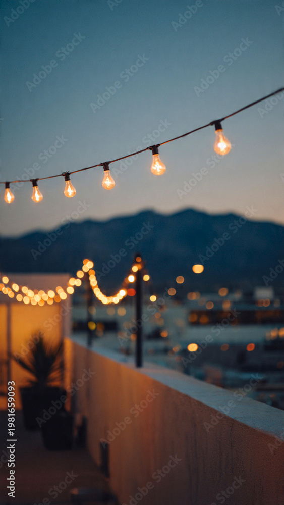Fototapeta premium String Lights on Rooftop with Evening City View