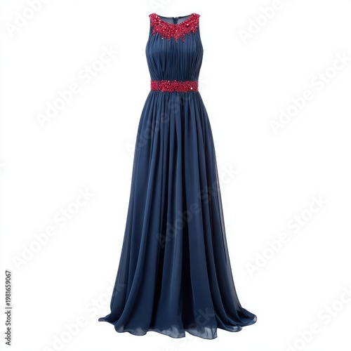 Dark blue floor length dress with a beaded red waistline and elegant top