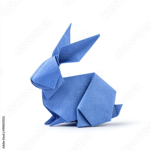 Blue origami rabbit creating a geometric paper animal on white