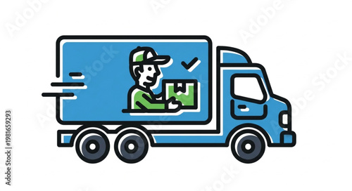 Delivery Truck with Driver Delivering Package, Express Shipping Illustration.