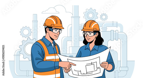 Engineers reviewing blueprint, industrial factory background, collaboration, teamwork