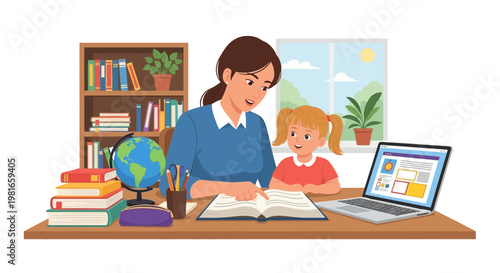 Teacher and student learning together at desk with books, globe, and laptop