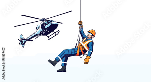 Helicopter Rescue Operation: Worker Rappelling with Safety Harness and Gear
