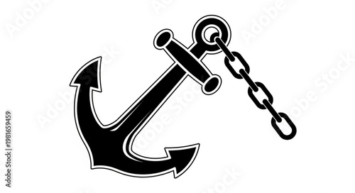Detailed Black and White Anchor Illustration with Chain.