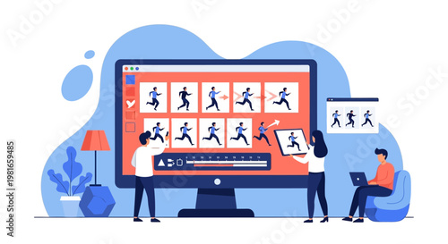 People creating animated video content on a large computer screen.