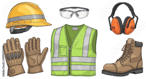 Construction Safety Gear Set: Hard Hat, Vest, Gloves, Boots, Glasses, Ear Defenders