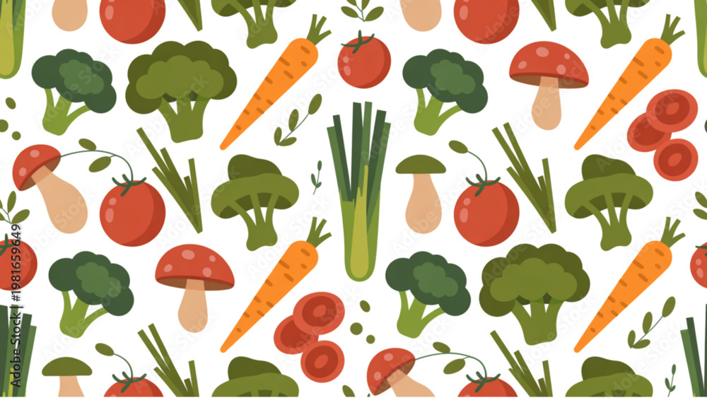 Fototapeta premium Fresh Vegetables and Mushrooms Pattern Organic Food Vector Background