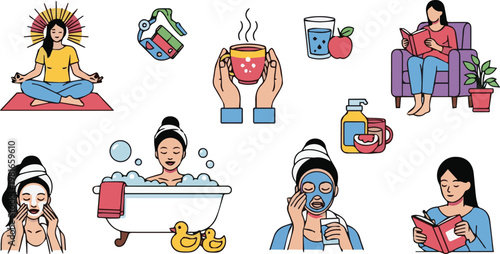 Woman enjoys relaxing spa day with face mask and various activities at home