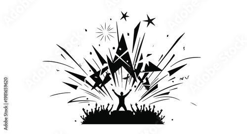 Celebration concept showing a silhouette of a triumphant person standing before a massive explosion of confetti and lights, symbolizing victory, achievement, and public success in a festive event.