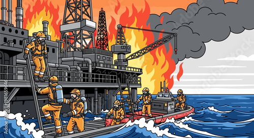 Oil rig fire emergency, firefighters in protective suits battling blaze on platform and boat