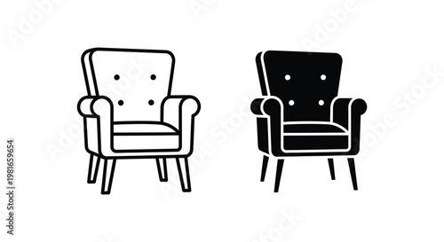Two comfortable armchairs are shown in contrasting black and white silhouette
