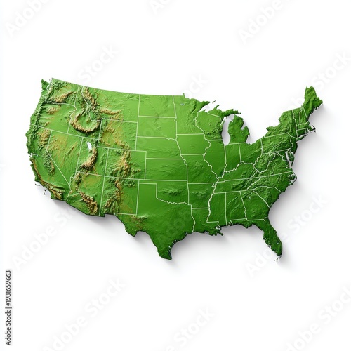 Topographic map of the United States showing detailed elevation changes