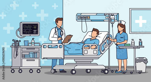 Doctor and nurse caring for patient in hospital room with medical equipment