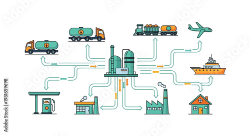 Industrial energy distribution network diagram: factory, transport, and consumption