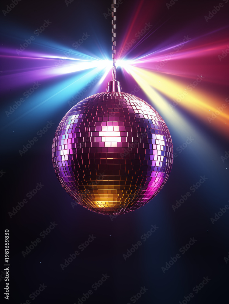 Obraz premium Ultra vibrant disco ball hanging in a dark background, colorful light beams radiating outward, light rays, neon glow
