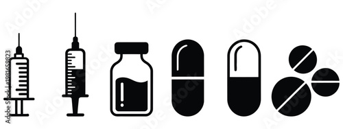 Set of medical items including syringes, vial, capsules, and pills,