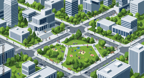 Isometric Cityscape with Green Park and People Enjoying Outdoors