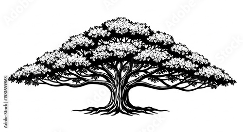 Detailed Illustration of a Broad, Mature Tree with Extensive Root System.