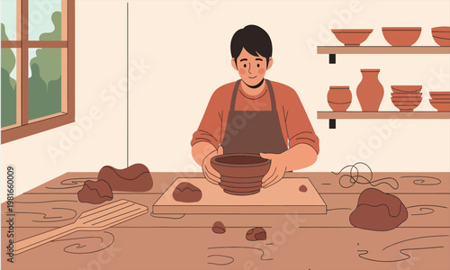 A person shaping clay pottery by hand in a workshop