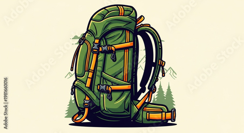 Detailed Illustration of a Green Hiking Backpack with Orange Straps.