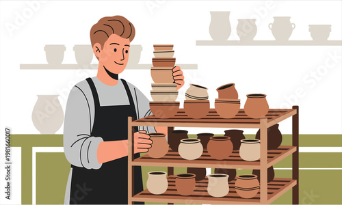 A potter arranging handmade ceramic pots on shelves in a workshop
