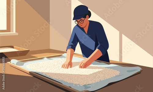 A worker handling and sorting rice grains during processing