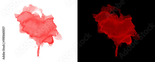 Foto Red watercolor stain with drip effect isolated on transparent layer