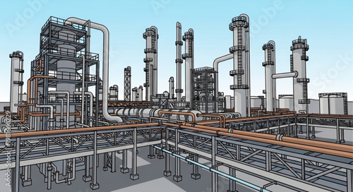 Detailed Illustration of a Large Industrial Chemical Plant Complex.