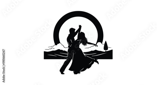 Couple dancing gracefully beneath a large circular moon over a silhouetted landscape, capturing a romantic and intimate moment shared between two lovers in the quiet stillness of the night.